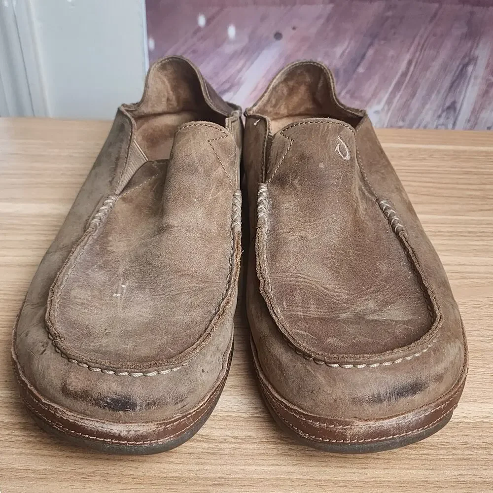OluKai Moloa Leather Slip On Loafers Ray Toffee Mens Size 13 Casual Shoes 10128